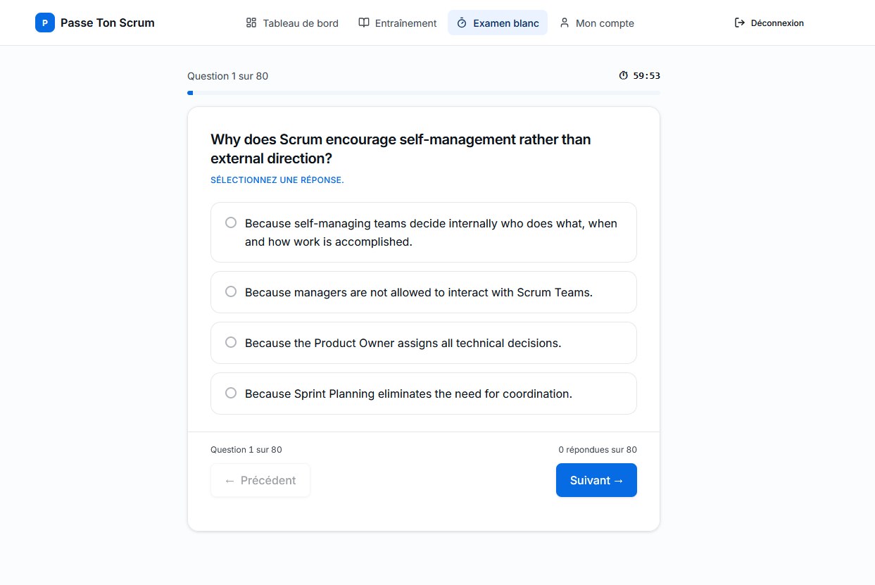 Interface d'examen blanc PSM I : question à choix, minuteur et progression